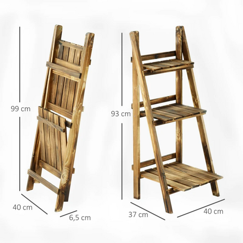 Rootz Plant Ladder - Flower Shelf - Plant Stairs - Flower Bench - Flower Stand - 3-tier - Fir Wood - Dark Brown - 40 x 37 x 93 cm