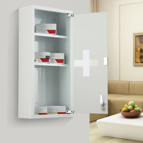 Rootz Medicine Cabinet - First Aid Cabinet - Pharmacy Cabinet - 3 Levels Medicine Cabinet - Cabinet With Lock - With Matt Glass Door - Frosted Glass + Metal - White - 27 x 57 x 12 cm