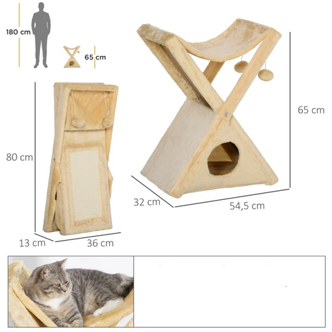 Rootz Scratching Post - Cat Tower - Cat Tower With Cave - Cat Scratching Post - Beige -  54.5 x 32 x 65 cm