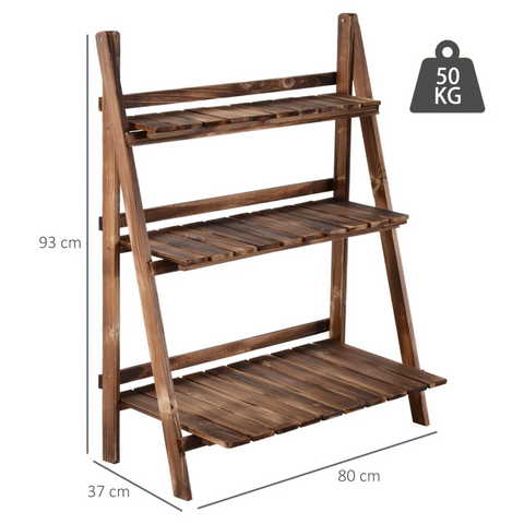 Rootz Plant Ladder - Flower Shelf - Plant Stairs - Flower Bench - Flower Stand - 3-tier - Fir Wood - Dark Brown - 80 x 37 x 93 cm