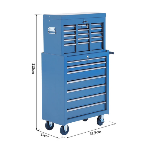 Rootz Mobile Tool Trolley - Workshop Trolley - Tool Box - Upper Box - Lower Box - Blue