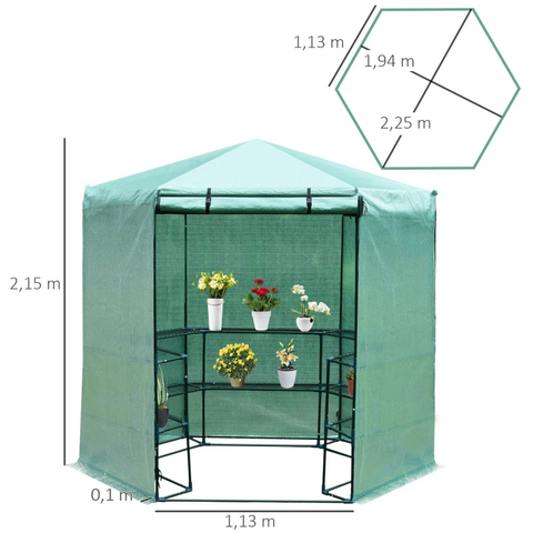 Rootz Hexagonal Greenhouse - Multi-tier Flower Shelves - Pe+steel - Dark Green - 2.25 X 1.94 X 2.15 M