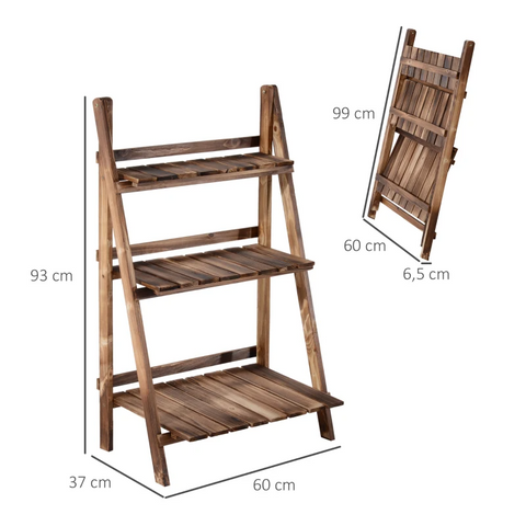 Rootz Plant Ladder - Flower Shelf - Plant Stairs - Flower Bench - Flower Stand - 3-tier - Fir Wood - Dark Brown - 60 X 37 X 93 Cm