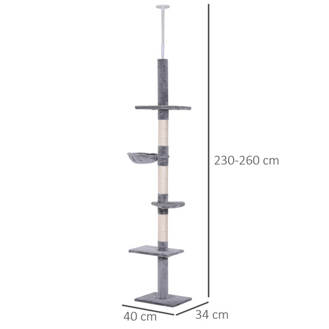 Rootz Cat Tree - Scratching Post - Cat Scratching Post - Cat Climbing Tree - Climbing Tree Tower - Cat Tower - High Height Adjustable - Gray - 40 x 34 x 230-260 cm