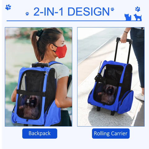 Rootz Pet Backpack - Dog Carrier - 2-in-1 Design - Extendable Handle - Side Pockets - Blue - 42 X 25 X 55cm