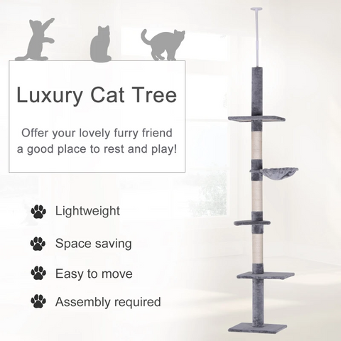 Rootz Cat Tree - Scratching Post - Cat Scratching Post - Cat Climbing Tree - Climbing Tree Tower - Cat Tower - High Height Adjustable - Gray - 40 x 34 x 230-260 cm