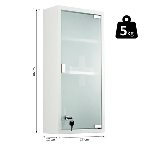 Rootz Medicine Cabinet - First Aid Cabinet - Pharmacy Cabinet - 3 Levels Medicine Cabinet - Cabinet With Lock - With Matt Glass Door - Frosted Glass + Metal - White - 27 x 57 x 12 cm