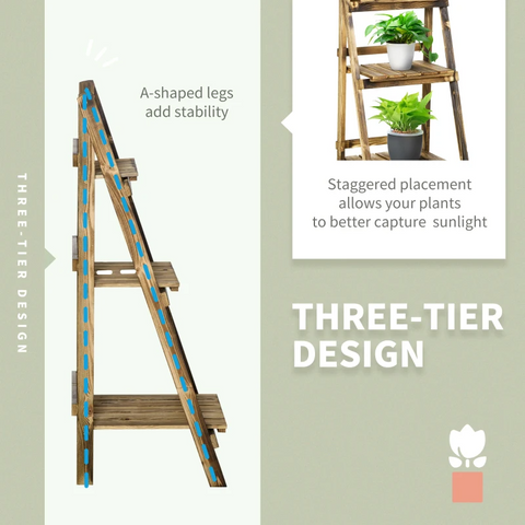 Rootz Plant Ladder - Flower Shelf - Plant Stairs - Flower Bench - Flower Stand - 3-tier - Fir Wood - Dark Brown - 40 x 37 x 93 cm