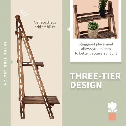 Rootz Plant Ladder - Flower Shelf - Plant Stairs - Flower Bench - Flower Stand - 3-tier - Fir Wood - Dark Brown - 60 X 37 X 93 Cm
