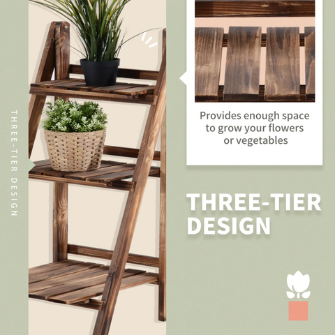 Rootz Plant Ladder - Flower Shelf - Plant Stairs - Flower Bench - Flower Stand - 3-tier - Fir Wood - Dark Brown - 80 x 37 x 93 cm