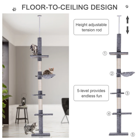 Rootz Cat Tree - Scratching Post - Cat Scratching Post - Cat Climbing Tree - Climbing Tree Tower - Cat Tower - High Height Adjustable - Gray - 40 x 34 x 230-260 cm