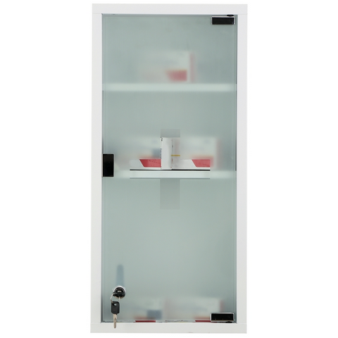 Rootz Medicine Cabinet - First Aid Cabinet - Pharmacy Cabinet - 3 Levels Medicine Cabinet - Cabinet With Lock - With Matt Glass Door - Frosted Glass + Metal - White - 27 x 57 x 12 cm