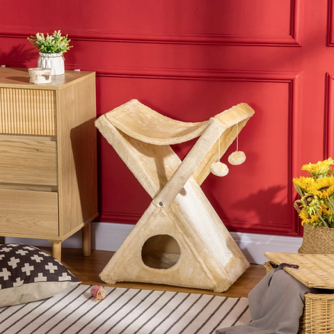 Rootz Scratching Post - Cat Tower - Cat Tower With Cave - Cat Scratching Post - Beige -  54.5 x 32 x 65 cm