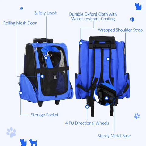 Rootz Pet Backpack - Dog Carrier - 2-in-1 Design - Extendable Handle - Side Pockets - Blue - 42 X 25 X 55cm
