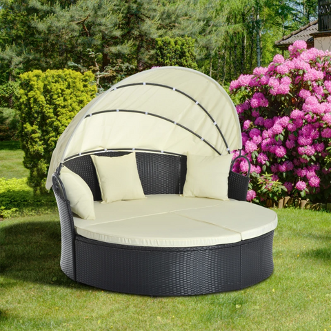 Rootz Sun Island - Poly Rattan - Sun Canopy - Seat Cushion - Pillow - Foldable - Black/cream - 171 Cm X 180 Cm X 155 Cm