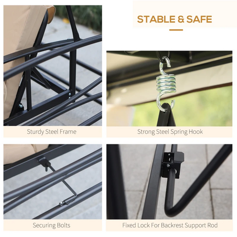 Rootz Hollywoodschaukel – Gartenschaukel – Schaukelstuhl – 3-Sitzer – Multifunktional – Beige/Schwarz – L256 x B172 x H248 cm