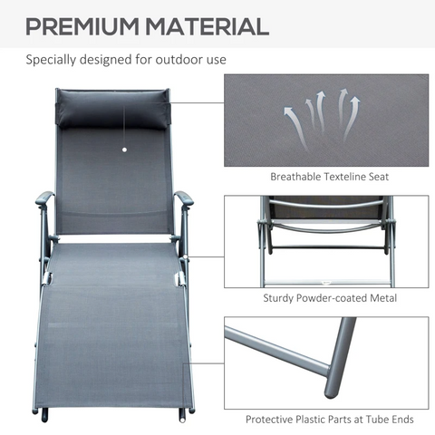 Rootz Sonnenliege – Strandliege – Gartenliege – faltbar – graues Metall – Stoff grau – 137 x 63,5 x 100,5 cm