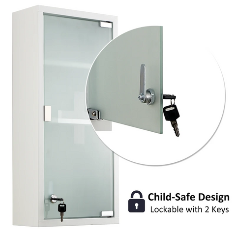 Rootz Medicine Cabinet - First Aid Cabinet - Pharmacy Cabinet - 3 Levels Medicine Cabinet - Cabinet With Lock - With Matt Glass Door - Frosted Glass + Metal - White - 27 x 57 x 12 cm