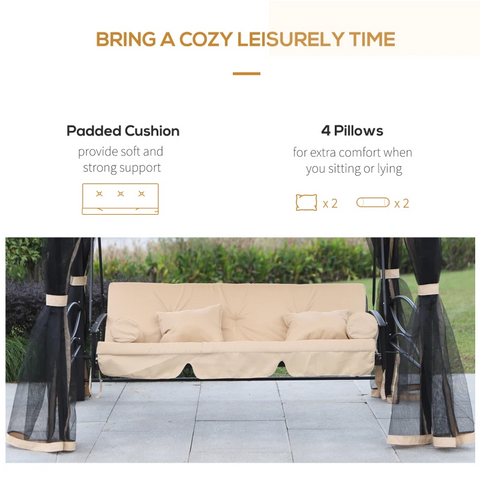 Rootz Hollywoodschaukel – Gartenschaukel – Schaukelstuhl – 3-Sitzer – Multifunktional – Beige/Schwarz – L256 x B172 x H248 cm