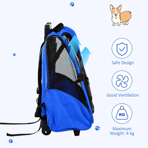 Rootz Pet Backpack - Dog Carrier - 2-in-1 Design - Extendable Handle - Side Pockets - Blue - 42 X 25 X 55cm
