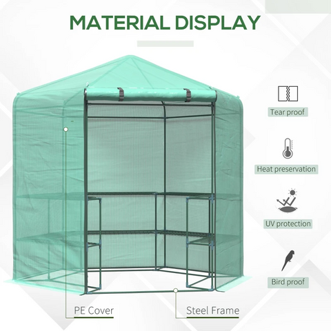 Rootz Hexagonal Greenhouse - Multi-tier Flower Shelves - Pe+steel - Dark Green - 2.25 X 1.94 X 2.15 M