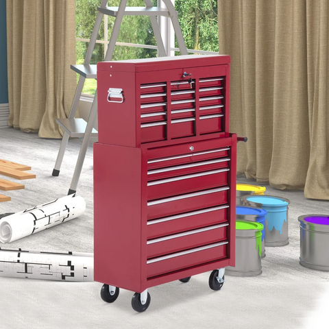 Rootz Mobile Tool Trolley - Workshop Trolley - Tool Box - Upper Box - Lower Box - Red