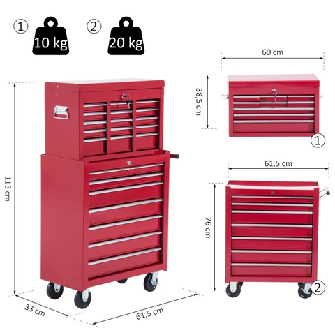 Rootz Mobile Tool Trolley - Workshop Trolley - Tool Box - Upper Box - Lower Box - Red
