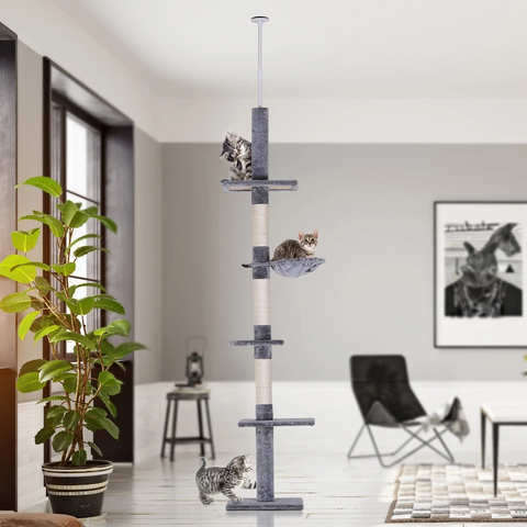 Rootz Cat Tree - Scratching Post - Cat Scratching Post - Cat Climbing Tree - Climbing Tree Tower - Cat Tower - High Height Adjustable - Gray - 40 x 34 x 230-260 cm