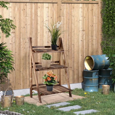Rootz Plant Ladder - Flower Shelf - Plant Stairs - Flower Bench - Flower Stand - 3-tier - Fir Wood - Dark Brown - 60 X 37 X 93 Cm