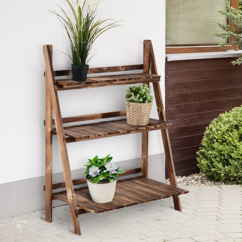 Rootz Plant Ladder - Flower Shelf - Plant Stairs - Flower Bench - Flower Stand - 3-tier - Fir Wood - Dark Brown - 80 x 37 x 93 cm