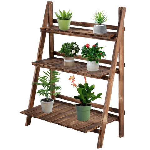 Rootz Plant Ladder - Flower Shelf - Plant Stairs - Flower Bench - Flower Stand - 3-tier - Fir Wood - Dark Brown - 80 x 37 x 93 cm