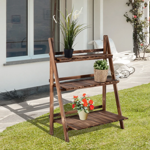 Rootz Plant Ladder - Flower Shelf - Plant Stairs - Flower Bench - Flower Stand - 3-tier - Fir Wood - Dark Brown - 80 x 37 x 93 cm
