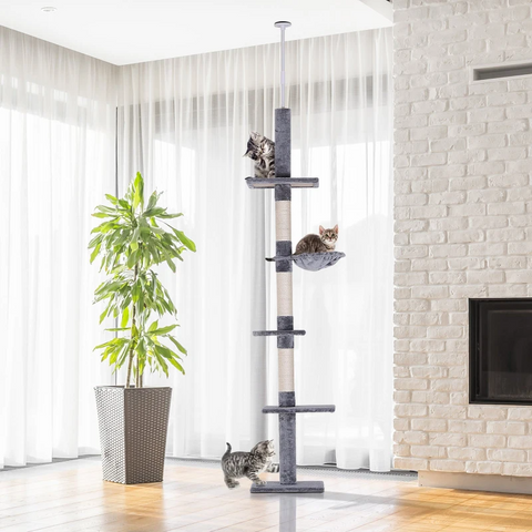 Rootz Cat Tree - Scratching Post - Cat Scratching Post - Cat Climbing Tree - Climbing Tree Tower - Cat Tower - High Height Adjustable - Gray - 40 x 34 x 230-260 cm