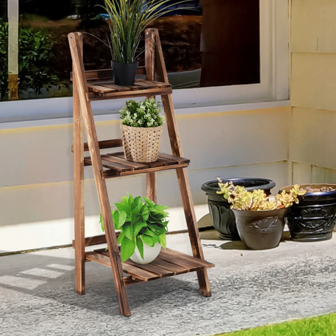Rootz Plant Ladder - Flower Shelf - Plant Stairs - Flower Bench - Flower Stand - 3-tier - Fir Wood - Dark Brown - 40 x 37 x 93 cm