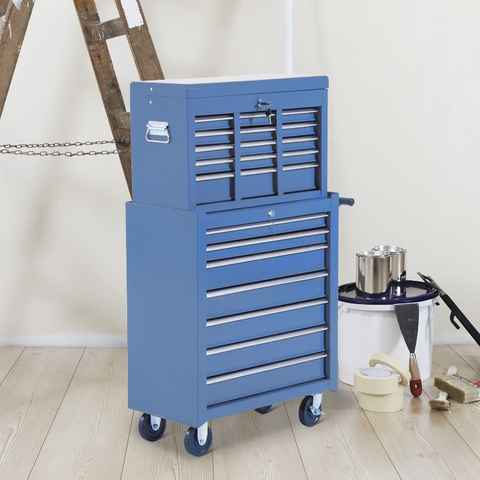 Rootz Mobile Tool Trolley - Workshop Trolley - Tool Box - Upper Box - Lower Box - Blue