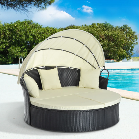 Rootz Sun Island - Poly Rattan - Sun Canopy - Seat Cushion - Pillow - Foldable - Black/cream - 171 Cm X 180 Cm X 155 Cm