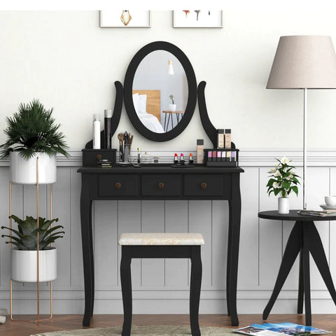 Rootz Dressing Table - Cosmetic Table - Dressing Table With Stool - Stool - Black