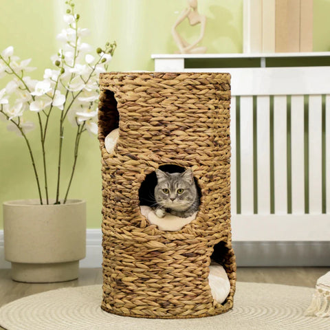 Rootz Cat Cave - 3 Tier 3 Entrance - Boho Design with Cushion - Light Brown + Cream White - 40cm x 40cm x 73cm