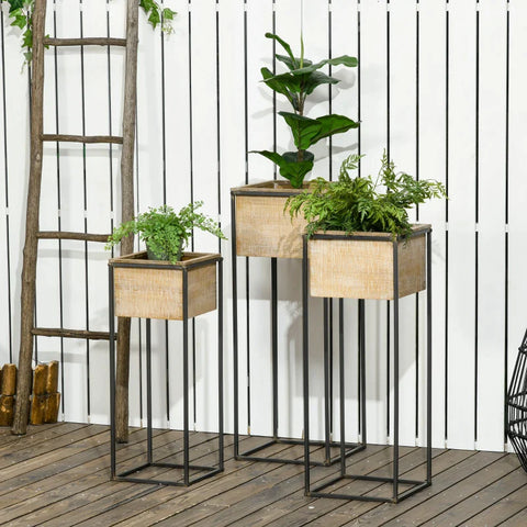 Rootz Set of 3 Plant Stands - 3 Sizes - Metal Frame - Rustic Wood Look - Square Flower Boxes - Fir Wood - Natural Wood - 30cm x 30cm x 81cm