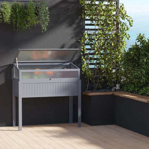 Rootz - Raised Greenhouse - Elevated Greenhouse - 2-in-1 Wood Greenhouse - With Elevated Garden Box - Raised Bed - Openable Top For Flowers - Grey - 120 x 54 x 112/122 cm