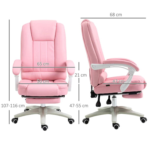 Rootz Office Chair with Footrest - Adjustable Backrest - Height Adjustable - 5 Wheels - Faux Leather - Pink + White - 65cm x 68cm x 116cm