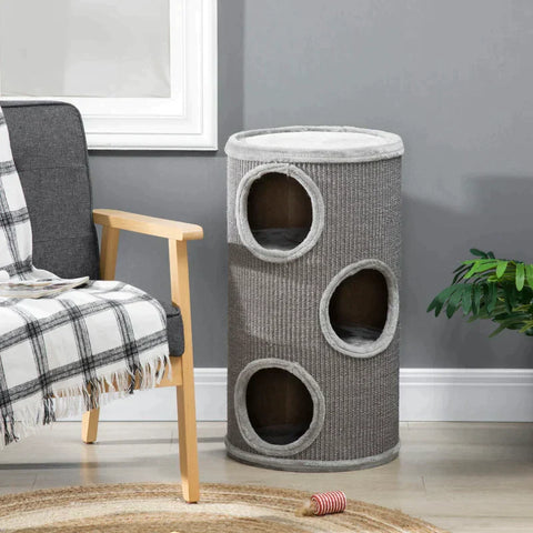 Rootz Scratch Barrel - Scratching Barrel - 3 Tier Scratcher Barrel - Includes Sisal Rope - Scratcher Pad - Cat Scratcher - Light Gray - 38cm x 38cm x 70cm