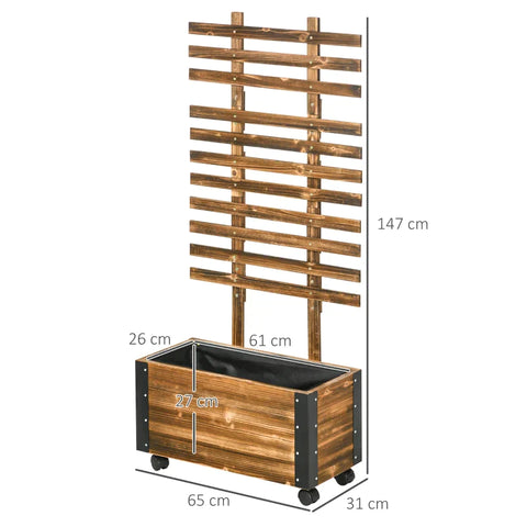 Rootz Verhoogd Tuinbed met Trellis - 4 Wielen - Behandeld Massief Hout - Zwart + Bruin - 65cm x 31cm x 147cm