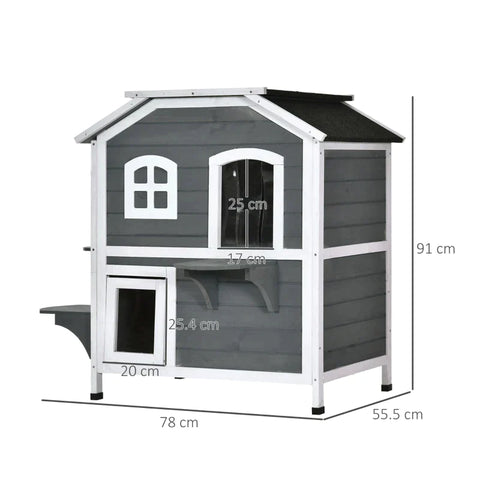 Rootz Kattenhuis - Kattenhut - Kattenhuis met 2 verdiepingen - Waterdicht Kattenhuis - Asfaltdak - Dennenhout - Grijs - 78 x 55,5 x 91 cm