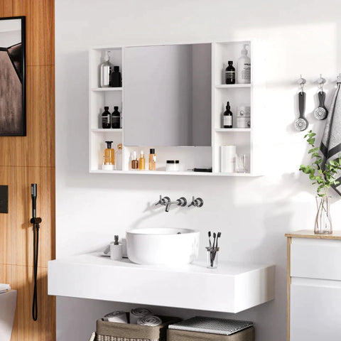 Rootz Bathroom Cabinet - Wall Cabinet - Storage Cabinet - Mirror Cabinet - With 6 Shelves - Glass/MDF - White - 100L x 15W x 70H cm