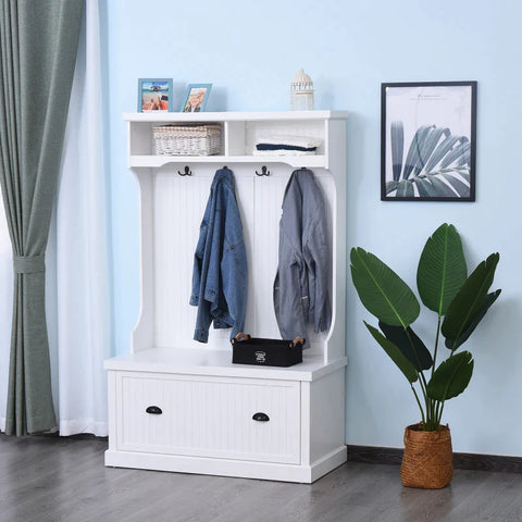 Rootz Kapstok - Moderne Kledingkast - Kledingrek Met Bank - Kapstokhaak - MDF - Spaanplaat - Wit - 102B x 47D x 164H cm