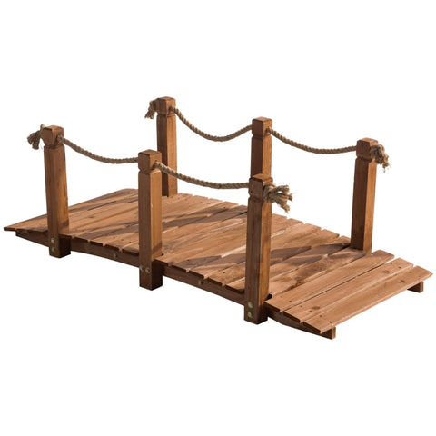 Rootz Garden Bridge - Wooden Bridge - Walkable Wooden Bridge - Pond Bridge - Ornamental Bridge With Railing Rope - Solid Wood - Brown - 152L x 67W x 50H cm