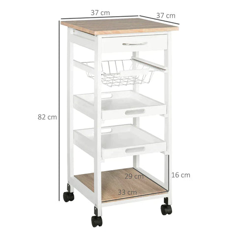 Rootz Kitchen Trolley - Kitchen Cabinet - Serving Trolley - Removable Tray Pine - White - 37 x 37 x 82 cm