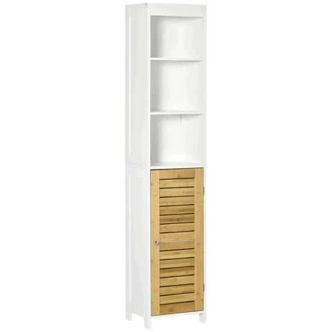 Rootz Bathroom Cabinet - Bathroom Shelf - Bathroom Storage Cabinet - 3 Open Compartments - Closet Compartment - With Bamboo Doors - MDF/Bamboo - White - 35 x 27 x 171cm