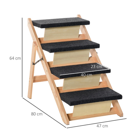 Rootz Animal Stairs - Pine Wood/Polyester - Dog/Cat Stairs - Practical - Natural/Black - 80 x 47 x 64 cm